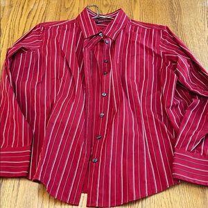 Eddie Bauer Women's Red and White Striped Button Down Shirt XL